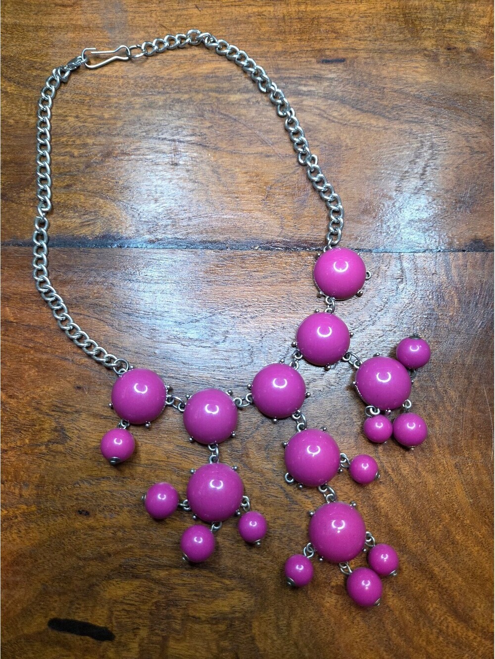 Bold Fuchsia Statement Necklace with Silver Chain